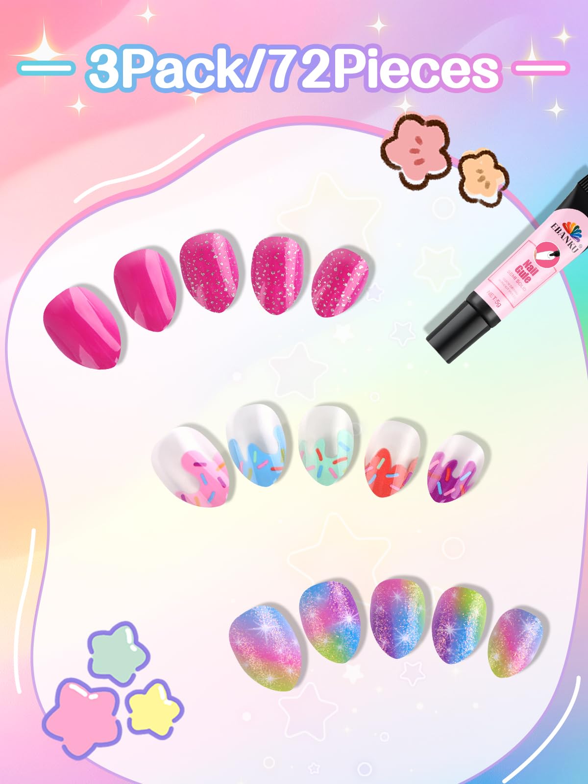 EBANKU 72PCS Kids Press On Nails 3 Pack Fake Nail Kit for Girls