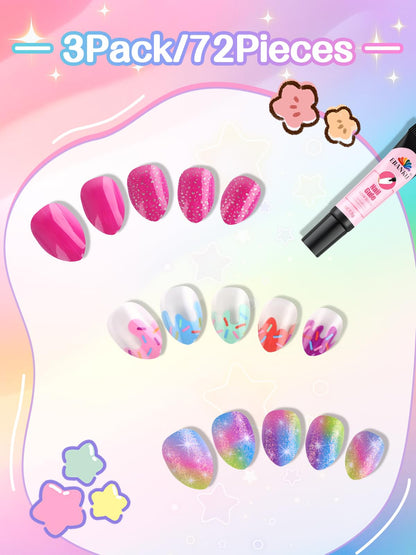 EBANKU 72PCS Kids Press On Nails 3 Pack Fake Nail Kit for Girls