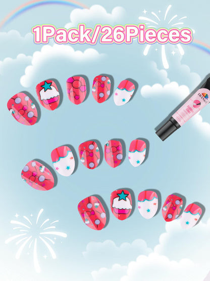 EBANKU 24PCS Kids Press On Nails Candy Nail Kit with Glue