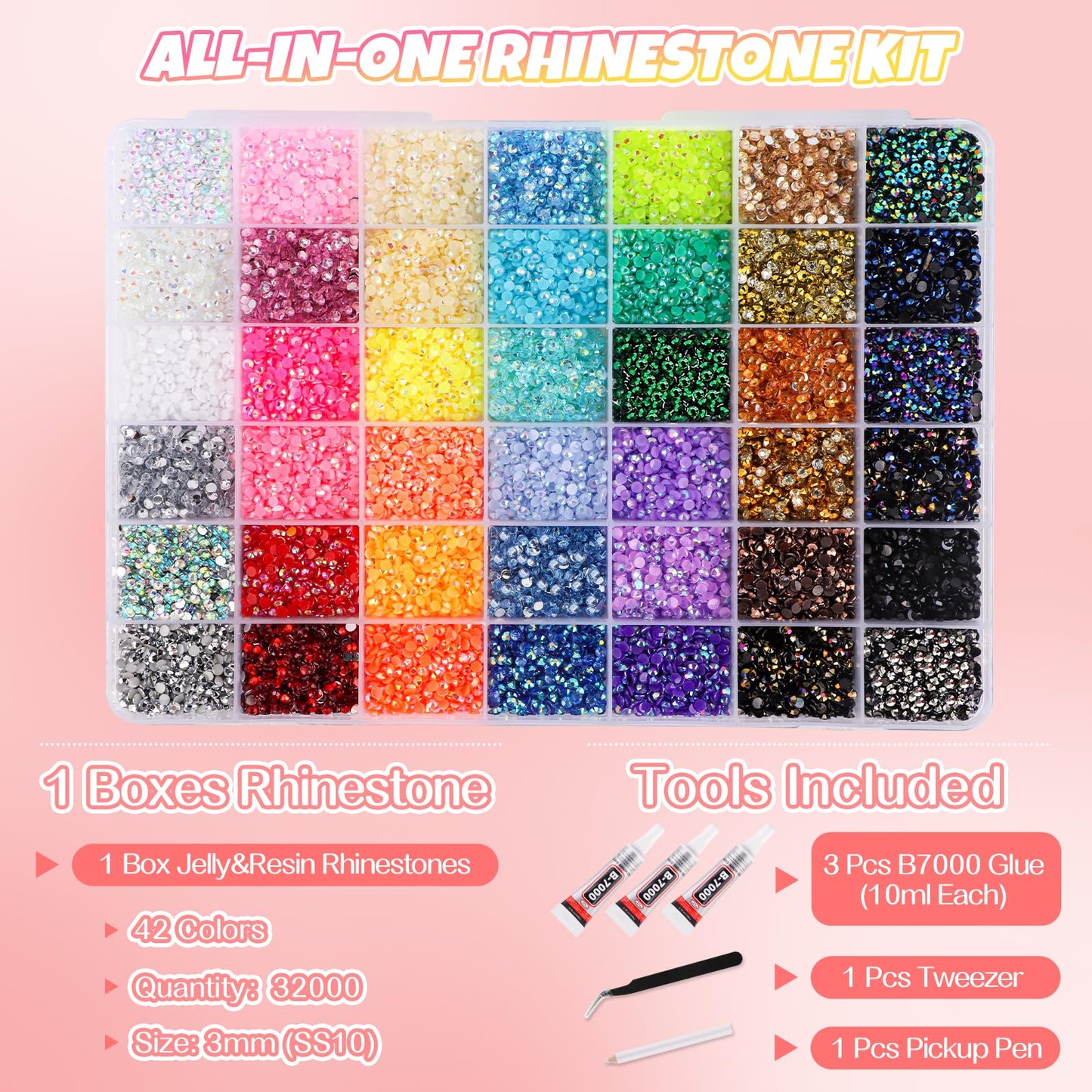 EBANKU 32000PCS Resin Jelly Rhinestones Kit 42 Colors 3MM