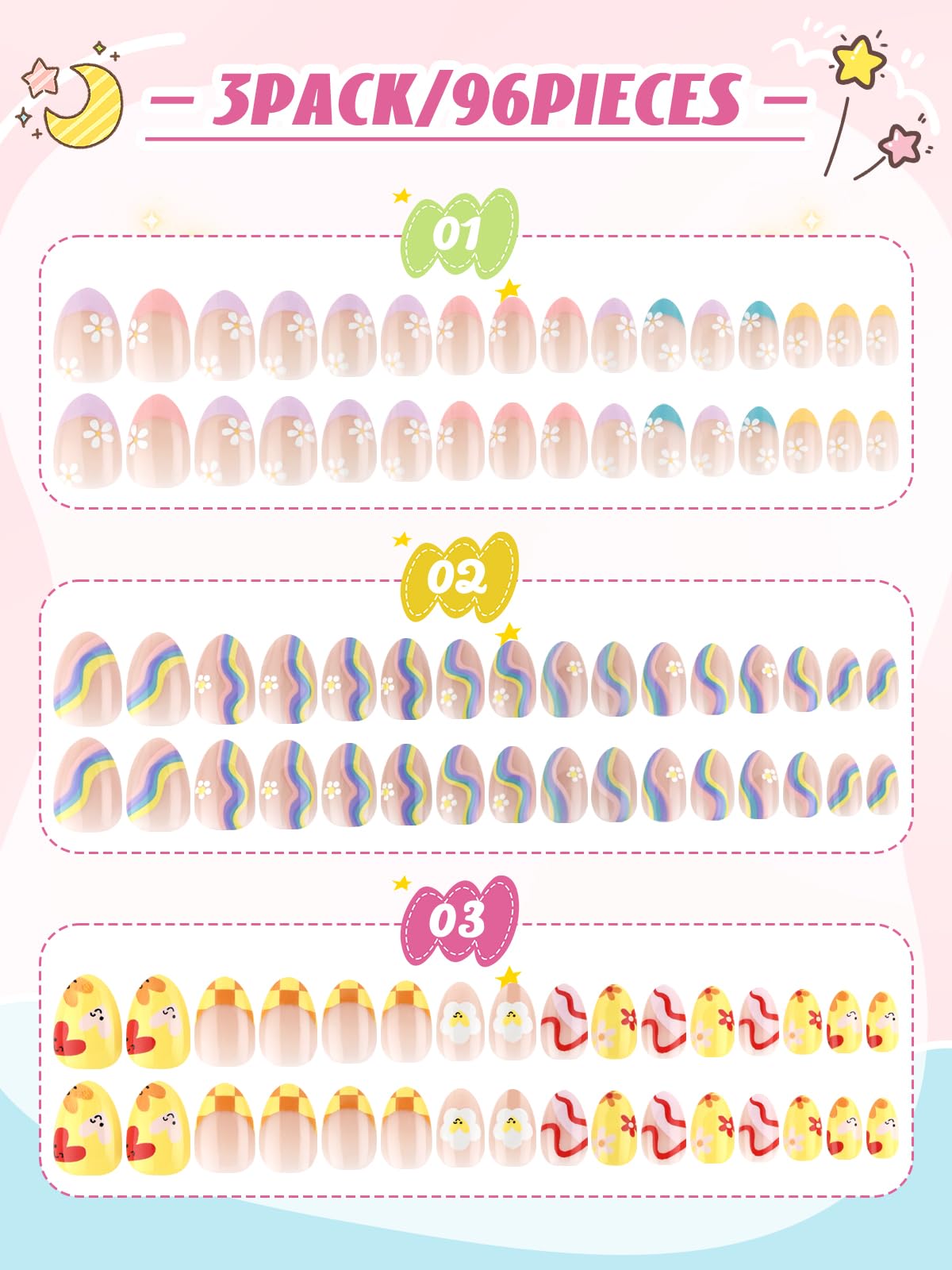 EBANKU Kids Press On Nails 96PCS 3 Pack Full Size Cute Set