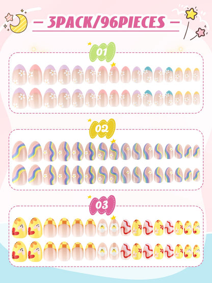 EBANKU Kids Press On Nails 96PCS 3 Pack Full Size Cute Set