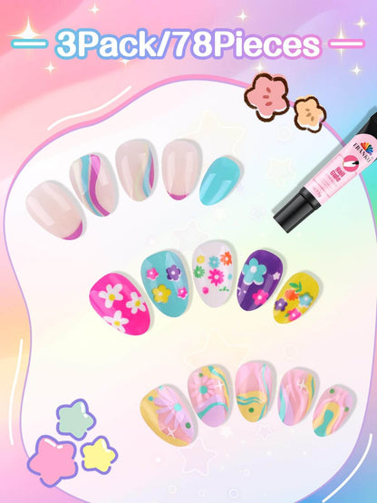 EBANKU Kids Press On Nails 78PCS Almond Fake Nail Kit with Glue