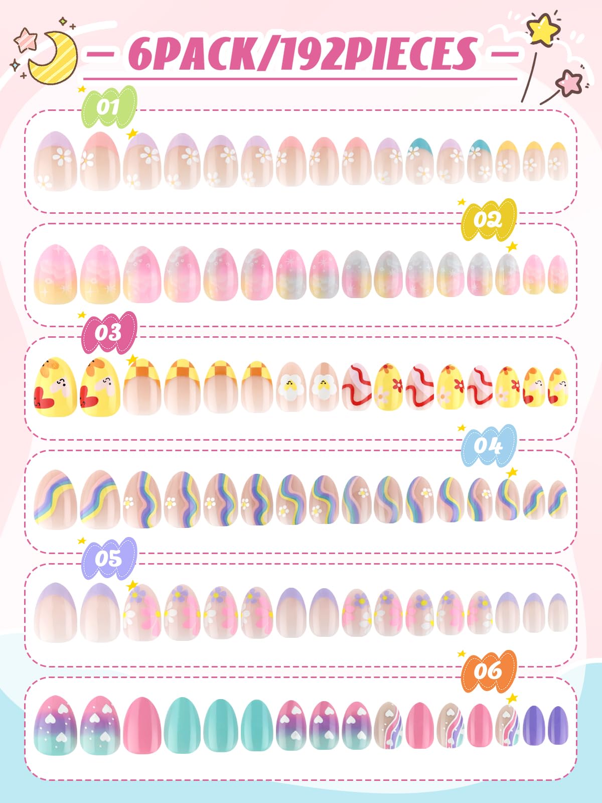 EBANKU 196PCS Kids Press On Nails 6 Pack Fake Nail Kit for Girls