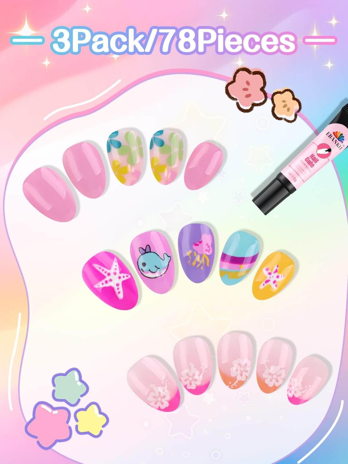 EBANKU 78PCS Kids Press On Nails Pink Flower Fake Nail Kit with Glue