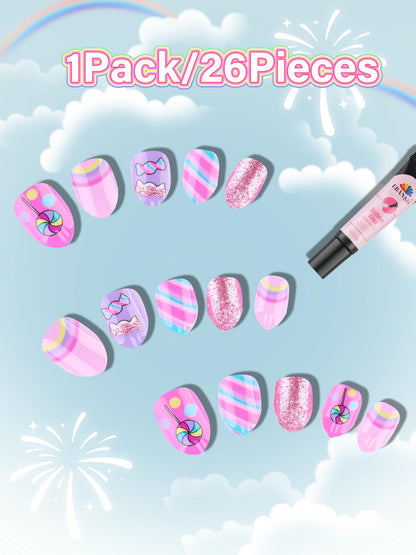 EBANKU 24PCS Almond Kids Press On Nails Candy Nail Kit for Girls