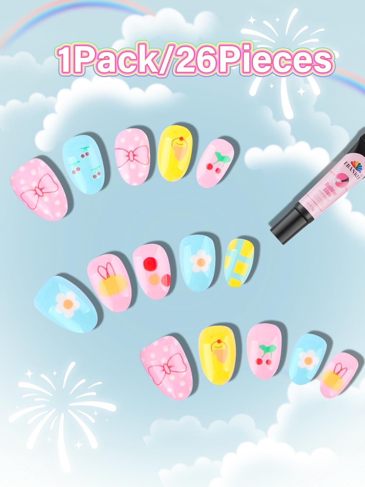 EBANKU 24PCS Almond Kids Press On Nails Charming Nail Kit