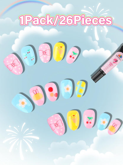EBANKU 24PCS Almond Kids Press On Nails Charming Nail Kit