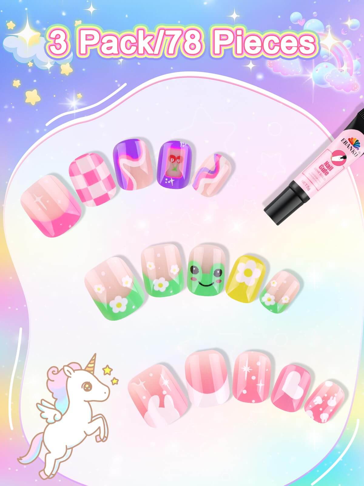 EBANKU Kids Press On Nails 78PCS Frog Design w/Glue