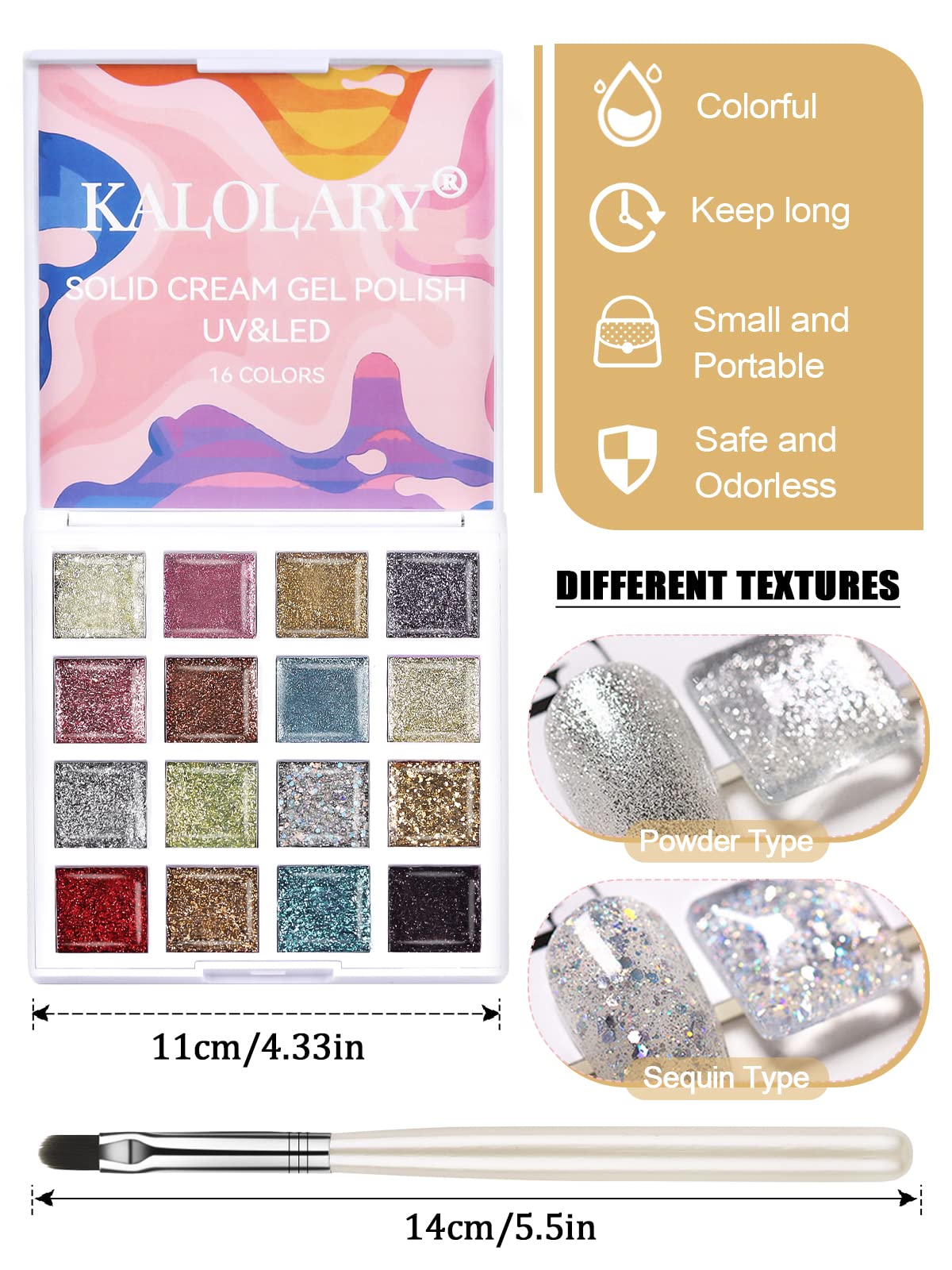 Kalolary 16 Color Glitter Solid Gel Polish Palette