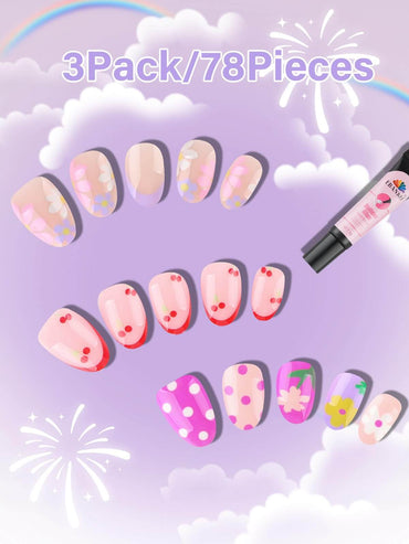 EBANKU 78Pcs Kids Press On Nails Colorful Polka Dot Set