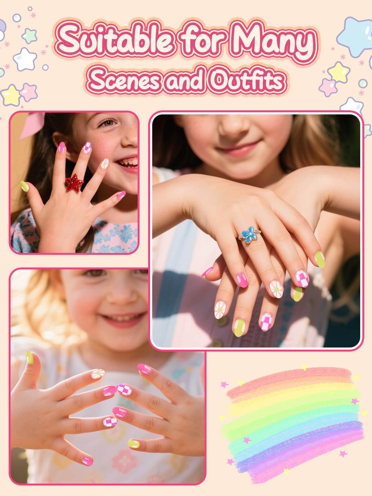 EBANKU 26Pcs Kids Press On Nails Floret Grid Set