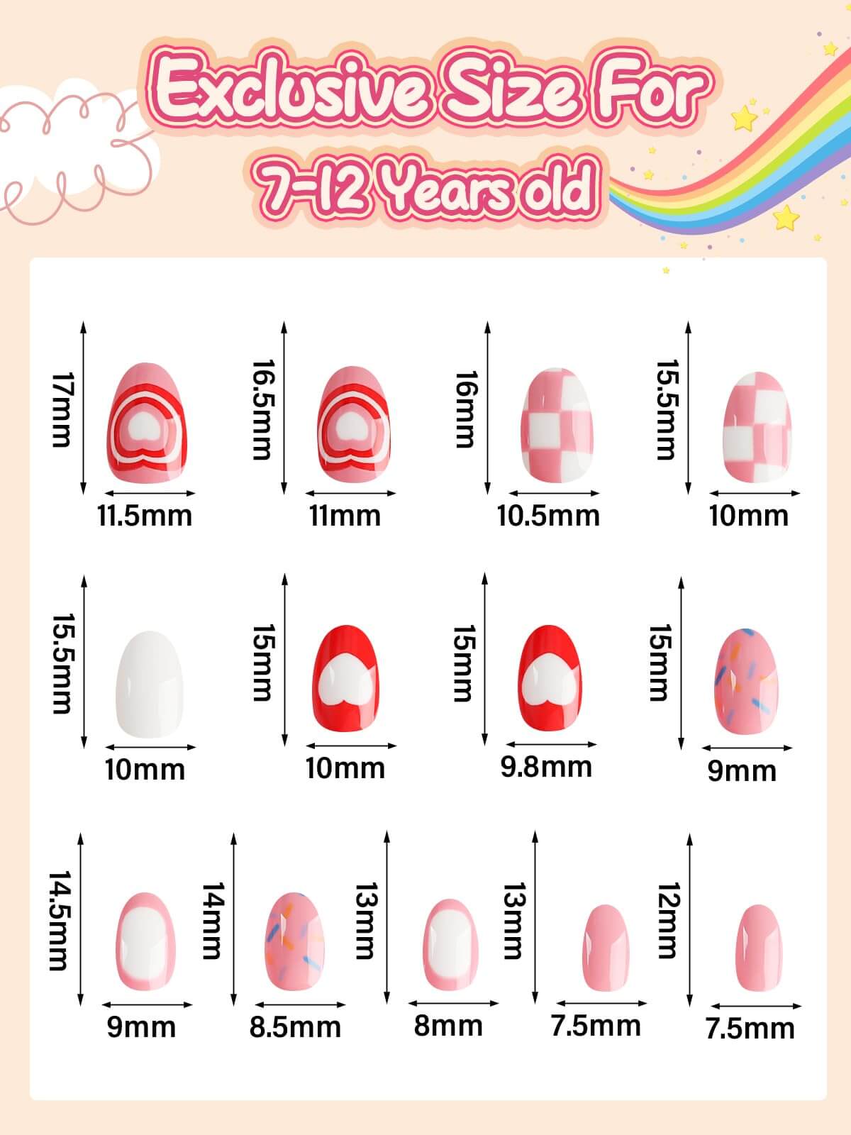 EBANKU Kids Press On Nails 26Pcs Pink Heart Grid Set