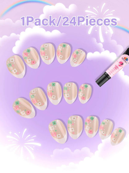 EBANKU Kids Press On Nails 24 Pcs Mini Flower French Fake Nails