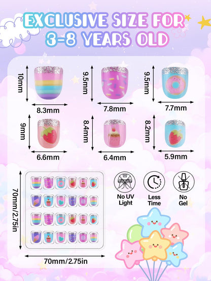 EBANKU 144PCS Mini Kids Press On Nails 6 Pack Pink Nail Kit