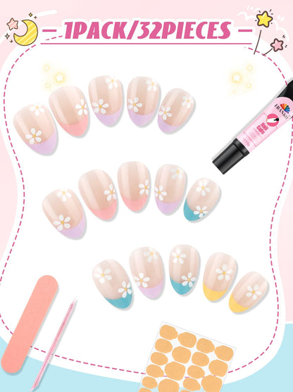 EBANKU 32PCS Kids Press On Nails Almond Fake Nail Kit for Girls