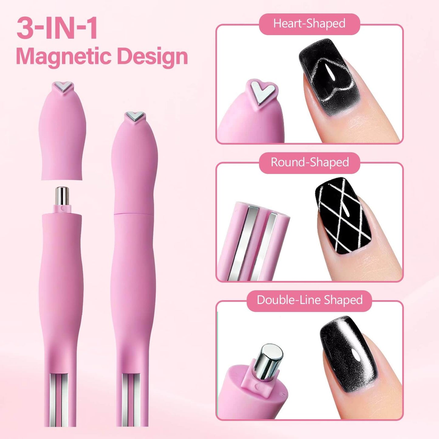 EBANKU 3PCS Cat Eye Nail Magnet Set 3-in-1 & 4-in-1 Pink