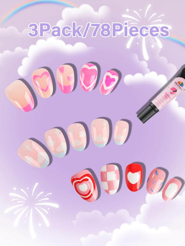 EBANKU 78Pcs Kids Press On Nails 3 Pack Set