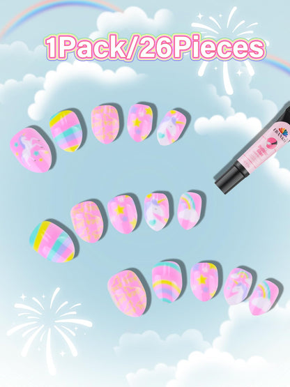 EBANKU 24PCS Kids Press On Nails Horse Fake Nail Kit for Girls