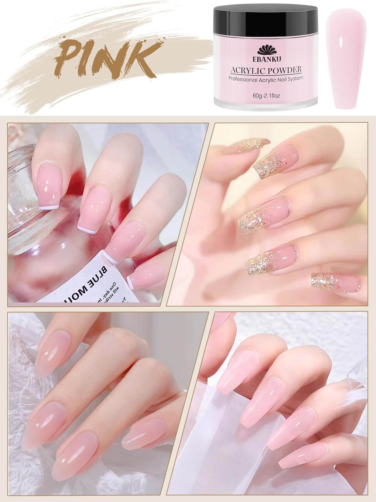 EBANKU Nude Pink Acrylic Powder Set 2x60g Nail Extension Powder