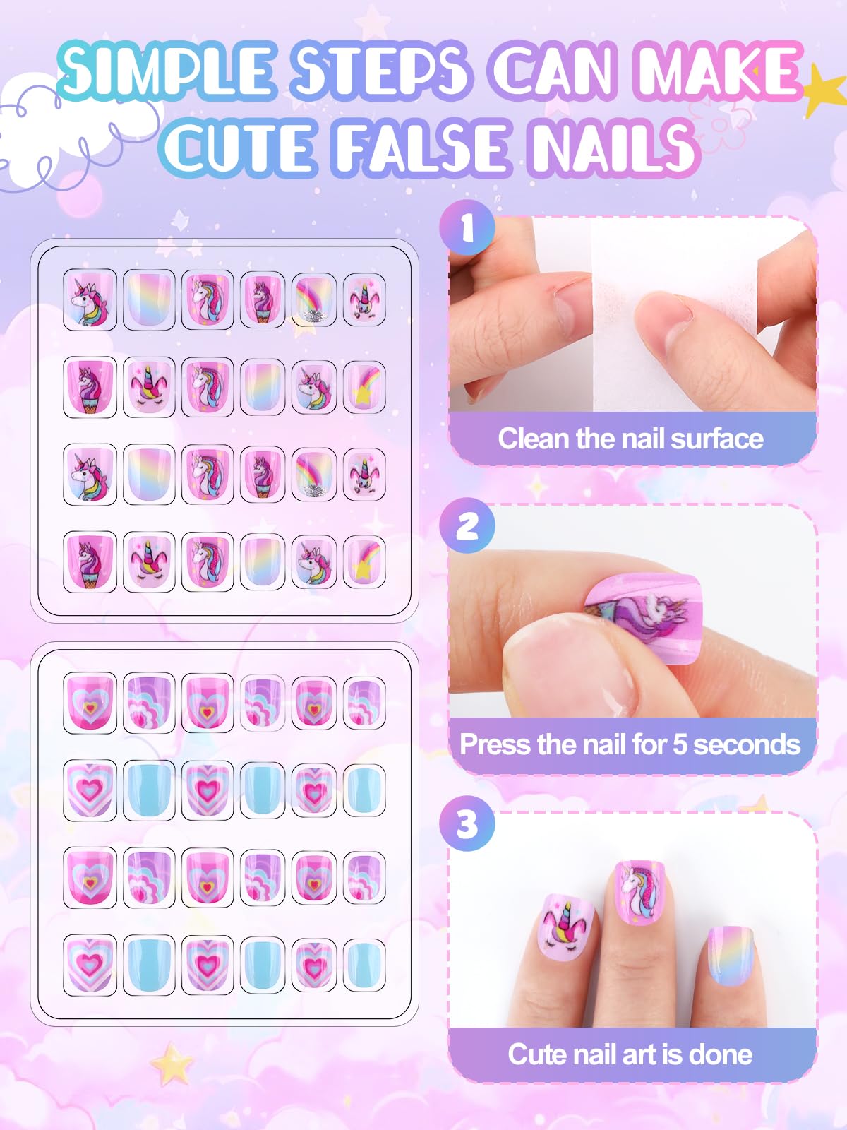 EBANKU 144PCS Mini Kids Press On Nails 6 Pack Pink Nail Kit