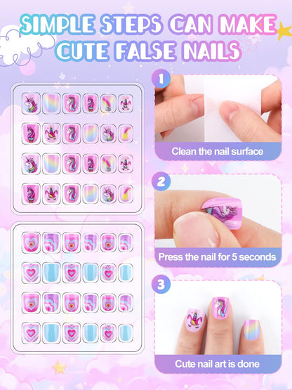 EBANKU 144PCS Mini Kids Press On Nails 6 Pack Pink Nail Kit