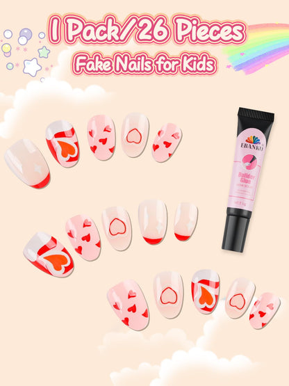 EBANKU Kids Press On Nails 26Pcs Red Heart Set