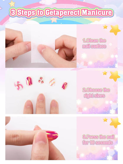 EBANKU 72Pcs Kids Press On Nails Gold Strawberry Set