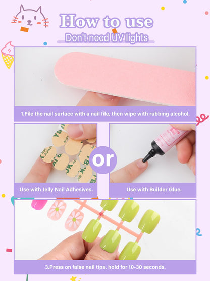 EBANKU 130PCS Kids Press On Nails 5 Pack French Flower Kit