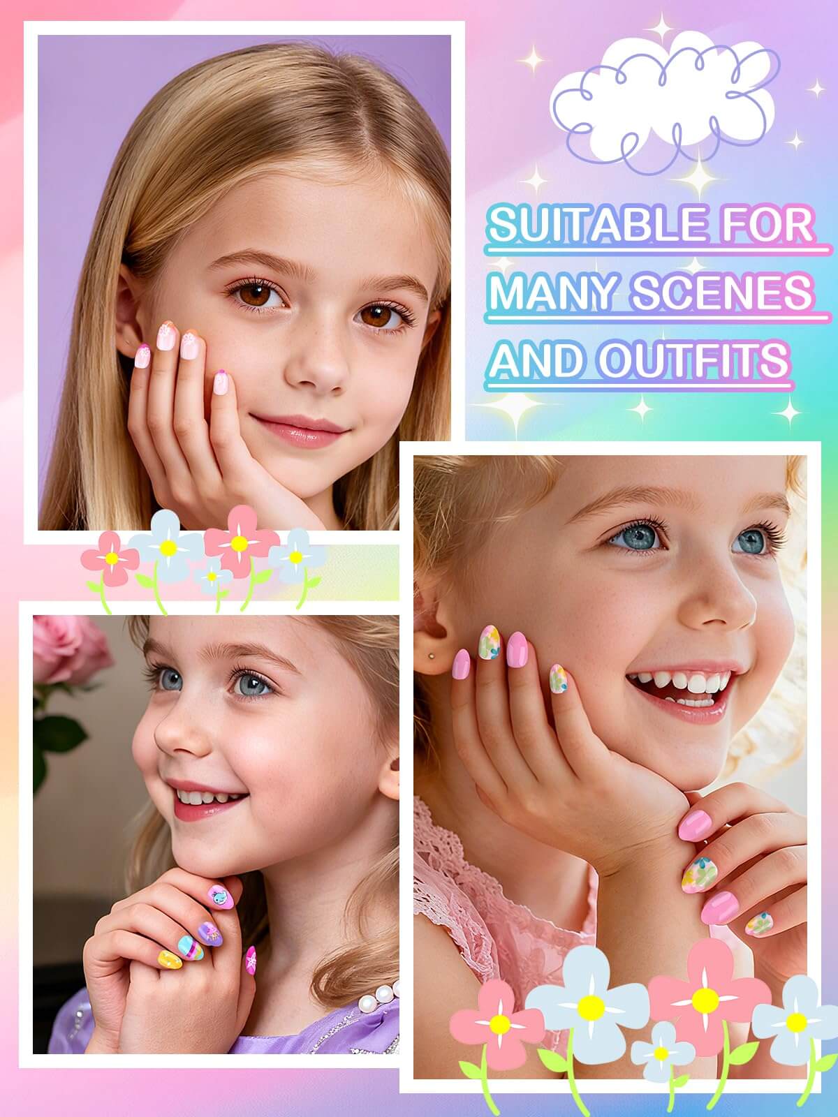 EBANKU 78PCS Kids Press On Nails Pink Flower Fake Nail Kit with Glue