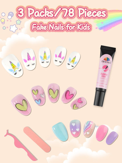 EBANKU 78Pcs Kids Press On Nails Colorful Heart Set