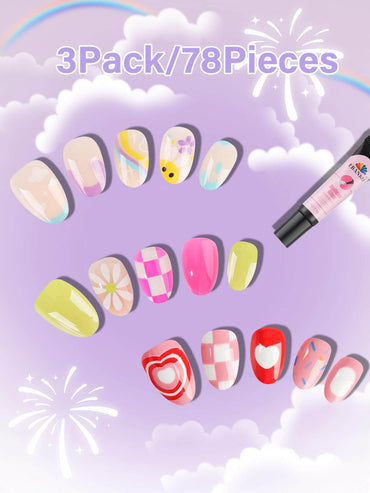 EBANKU 78Pcs Kids Press On Nails 3 Pack Flower Set