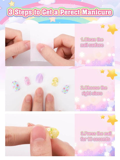 EBANKU 144Pcs Kids Press On Nails Pink Gold Flower Set