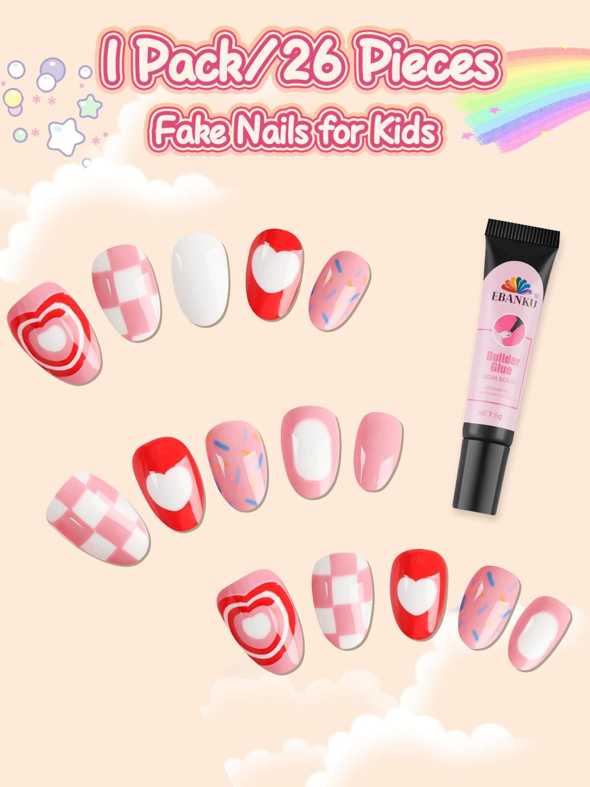 EBANKU Kids Press On Nails 26Pcs Pink Heart Grid Set
