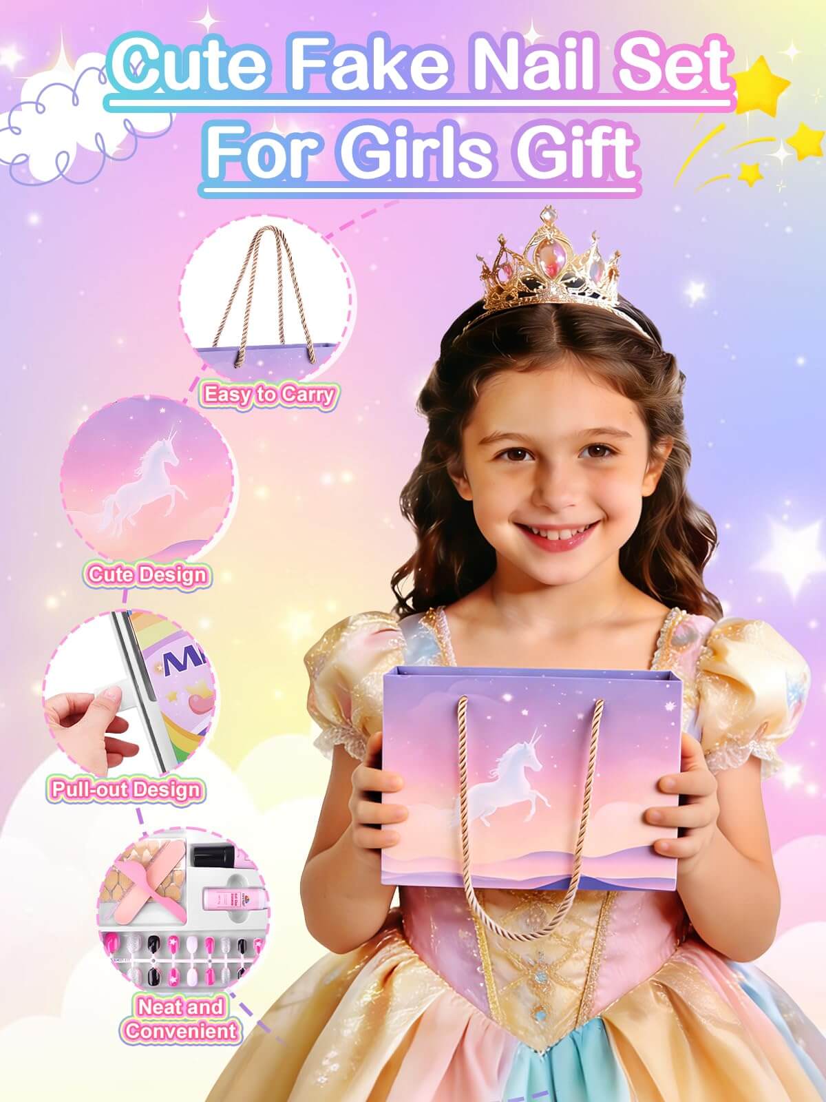 EBANKU Kids Press On Nails Gift Box, 156 Pcs Cute Fake Nails Set