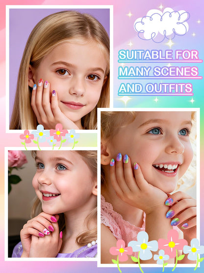 EBANKU 72PCS Kids Press On Nails 3 Pack Fake Nail Kit for Girls