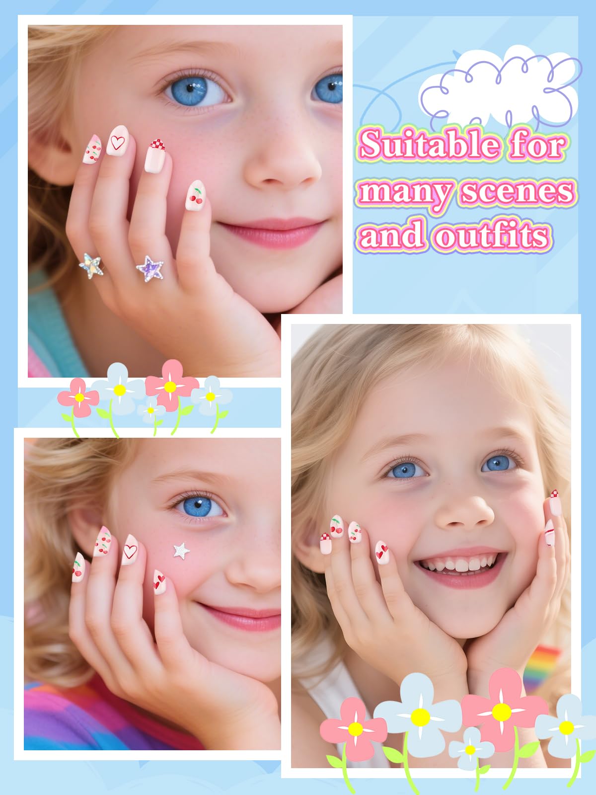 EBANKU 24PCS Kids Press On Nails Cherries Fake Nail Kit for Girls