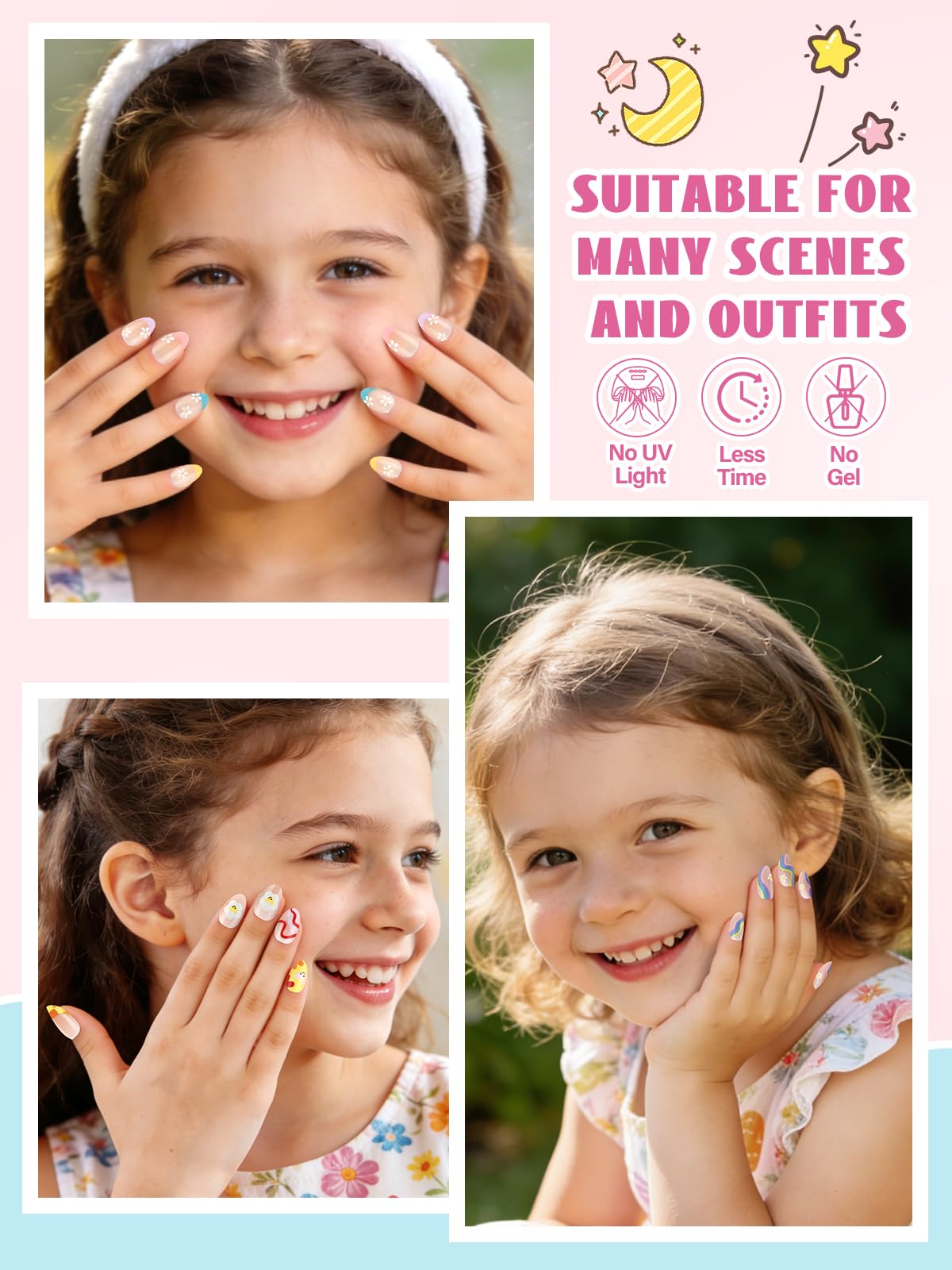 EBANKU Kids Press On Nails 96PCS 3 Pack Full Size Cute Set