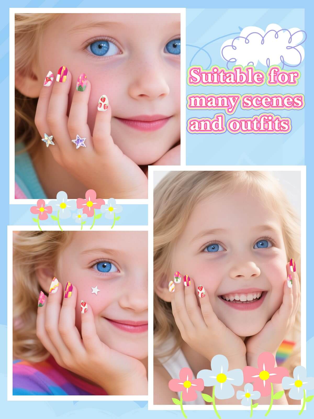 EBANKU Kids Strawberry Press On Nails 24PCS Almond Nail Kit