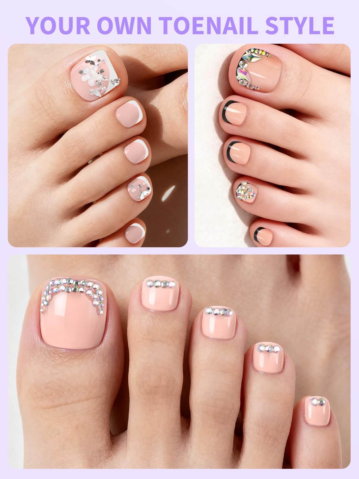 EBANKU Rhinestone French Tip Press On Toenails 72PCS Nude Pink