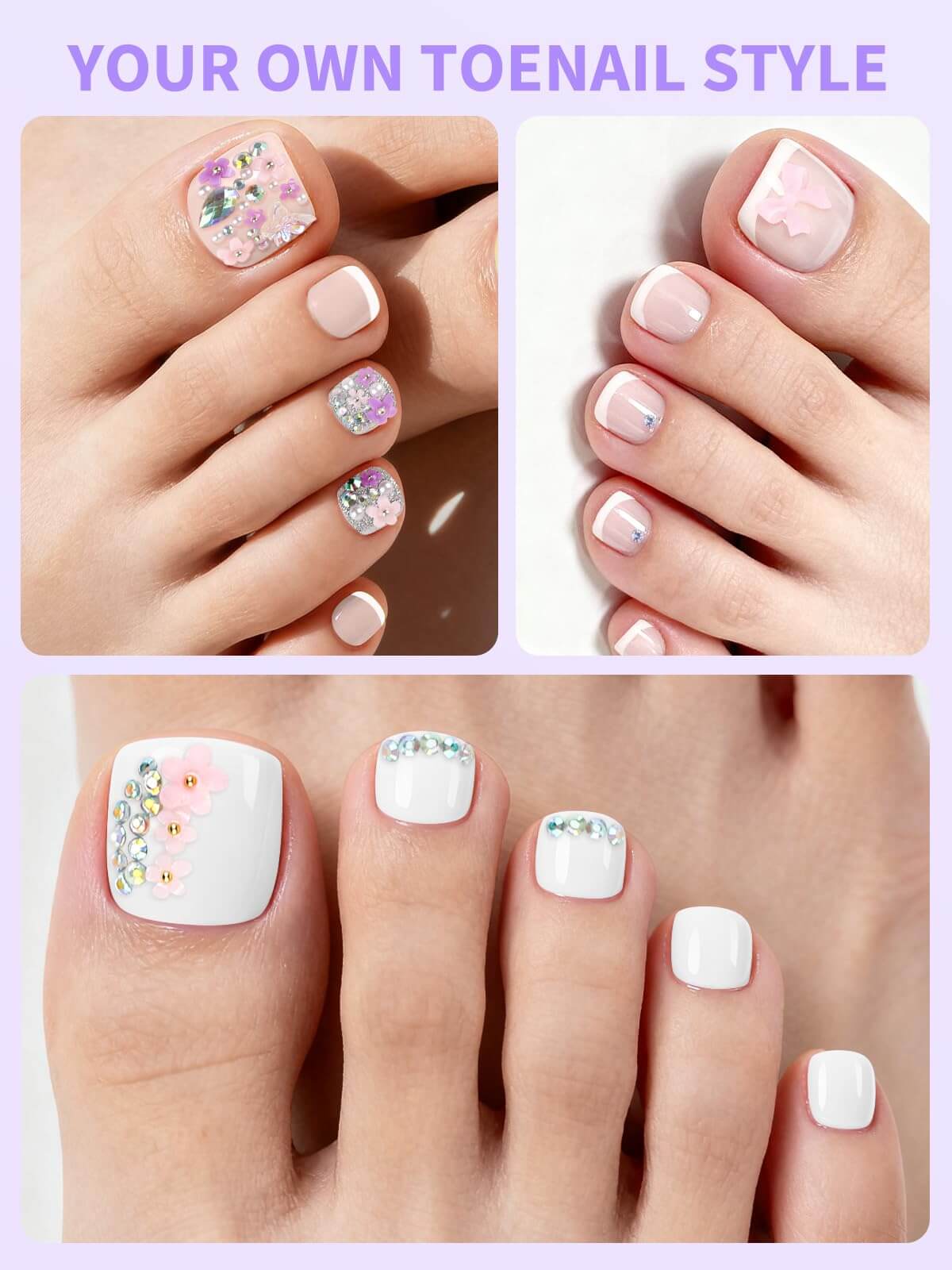 EBANKU Floral French Tip Press On Toenails 72PCS w/Glue