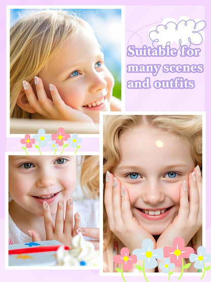 EBANKU Kids Press On Nails 24 Pcs Mini Flower French Fake Nails