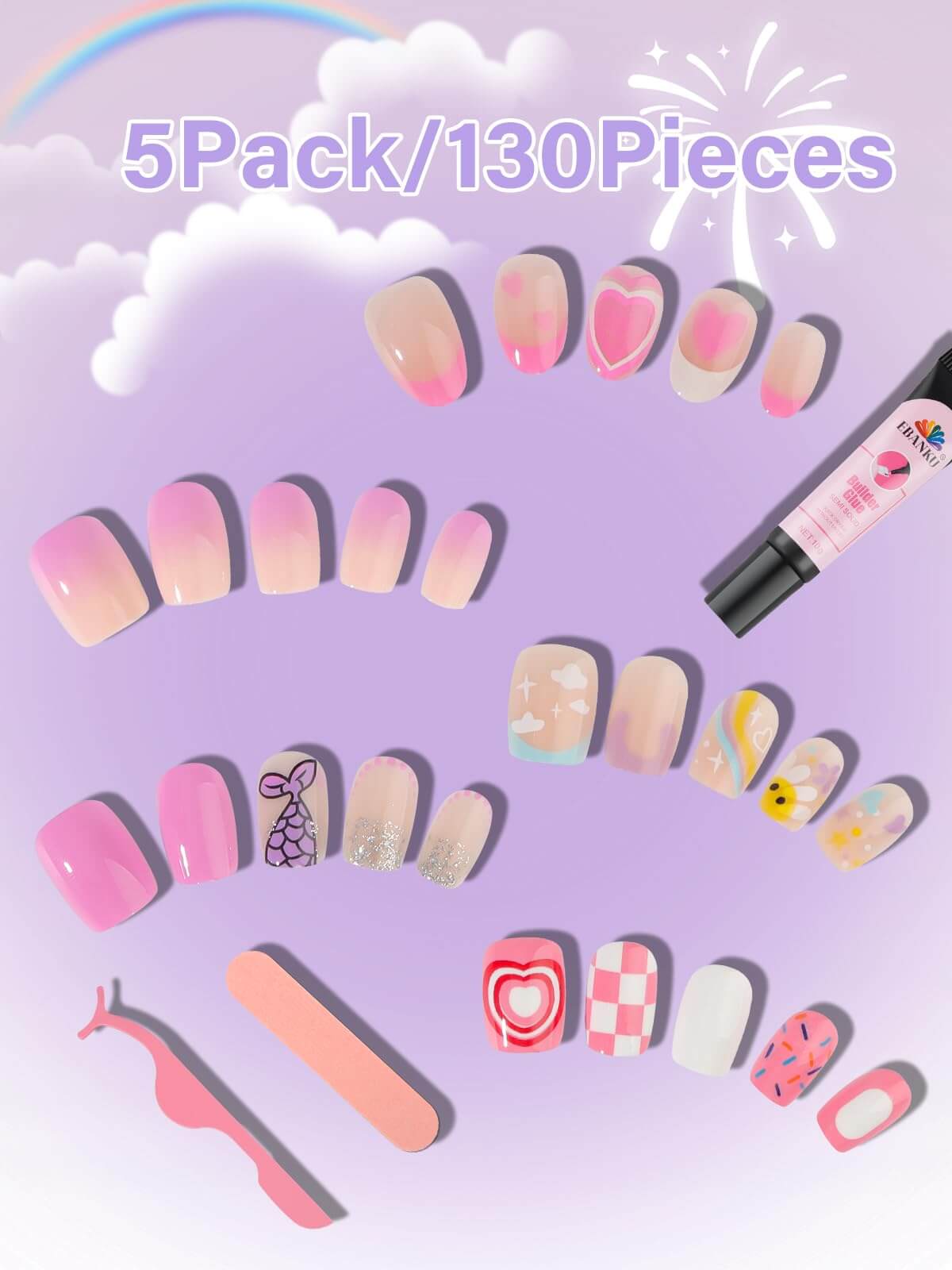 EBANKU 130Pcs Kids Press On Nails Flower & Mermaid Set