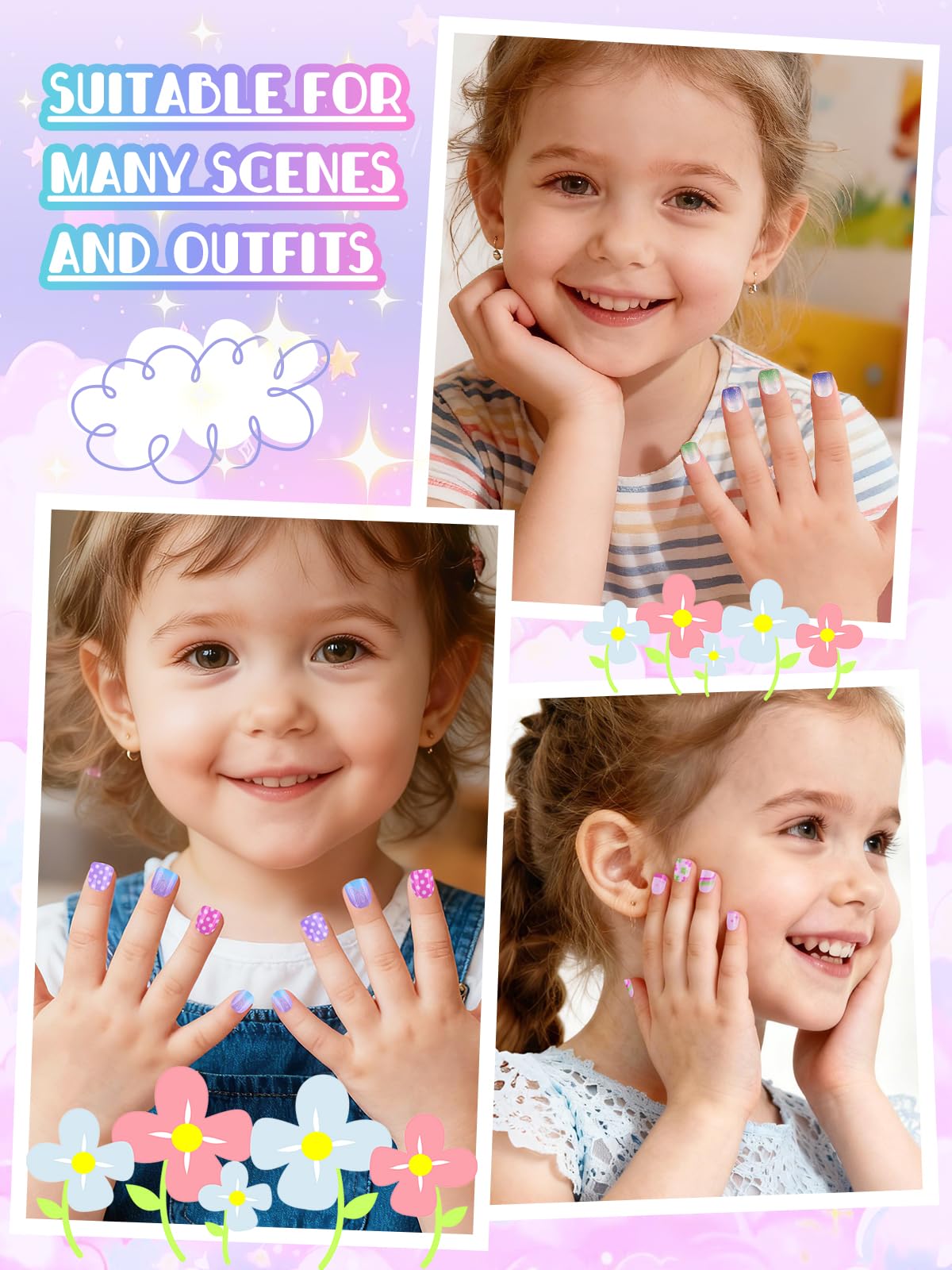 EBANKU 144PCS Mini Kids Press On Nails 6 Pack Pink Nail Kit