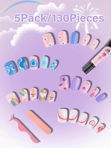 EBANKU 130Pcs Kids Press On Nails Flower & Mermaid Set-1