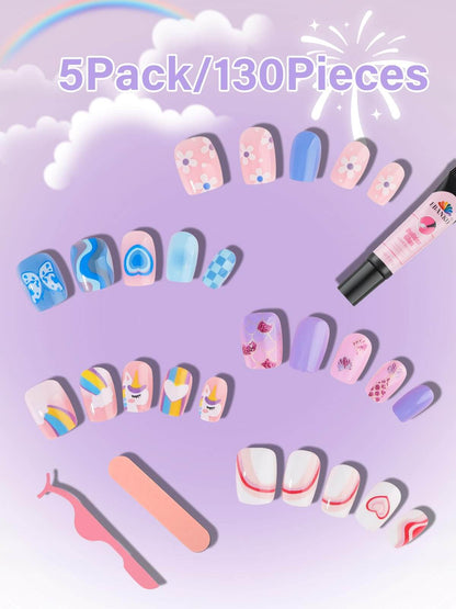 EBANKU 130Pcs Kids Press On Nails Flower & Mermaid Set-1