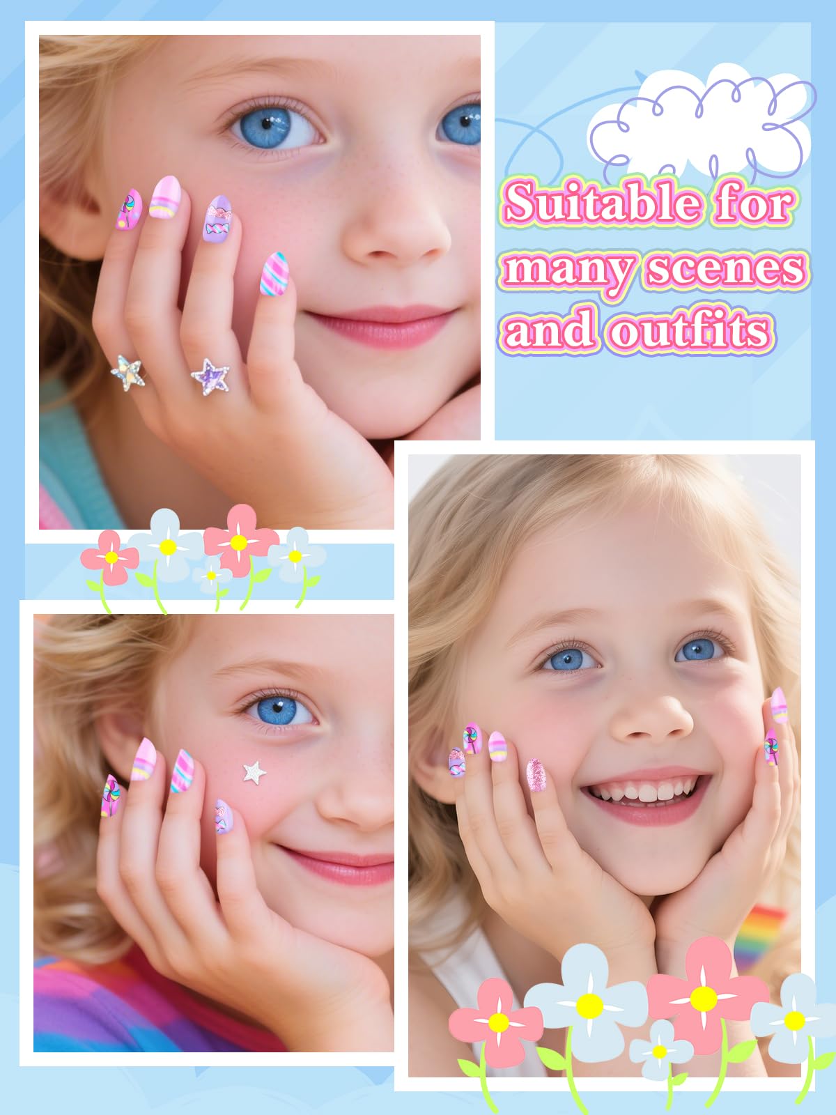 EBANKU 24PCS Almond Kids Press On Nails Candy Nail Kit for Girls