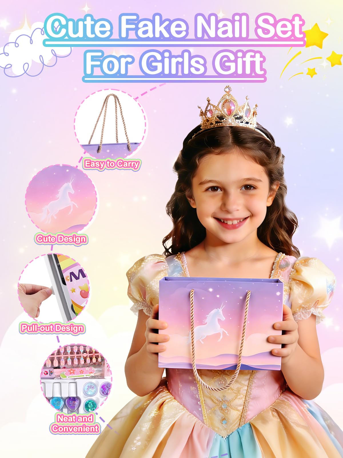 EBANKU 144 Pcs Kids Press On Nail Gift Box with Nail Polish Kit