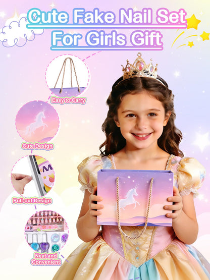 EBANKU 144 Pcs Kids Press On Nail Gift Box with Nail Polish Kit