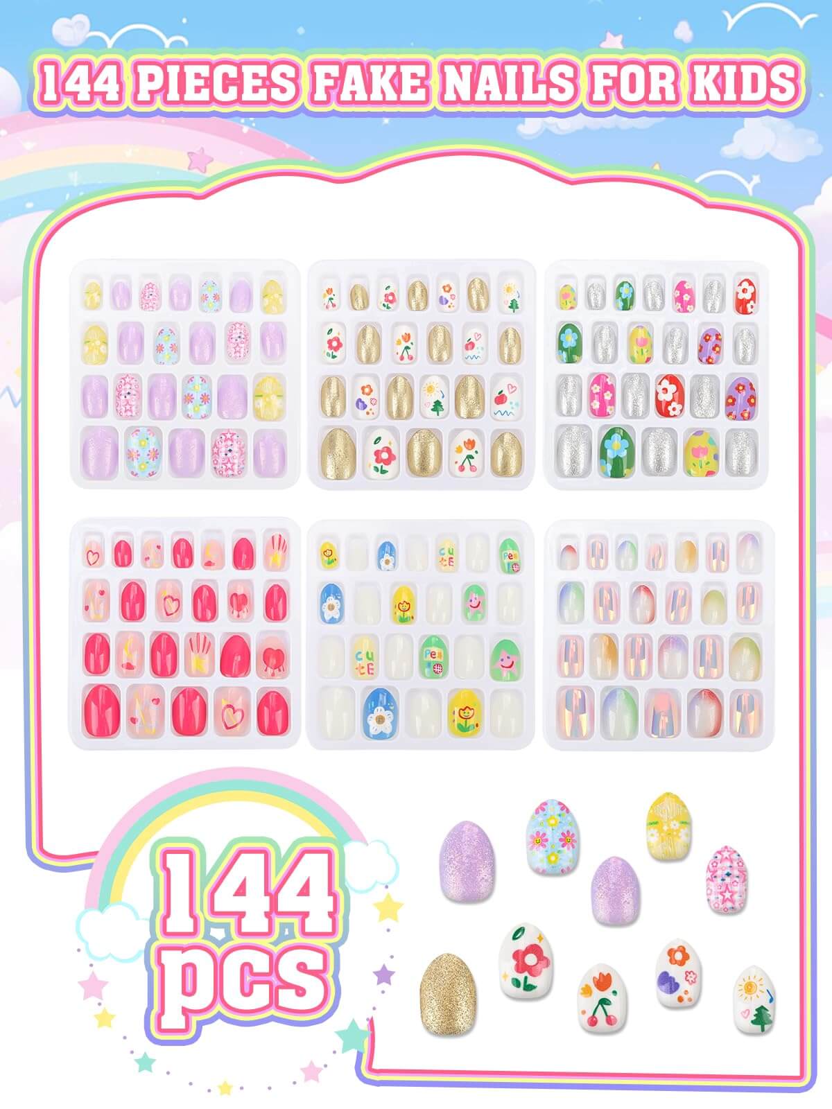 EBANKU 144Pcs Kids Press On Nails Pink Gold Flower Set